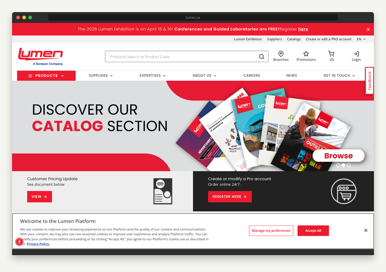 Lumen B2B eCommerce storefront on desktop